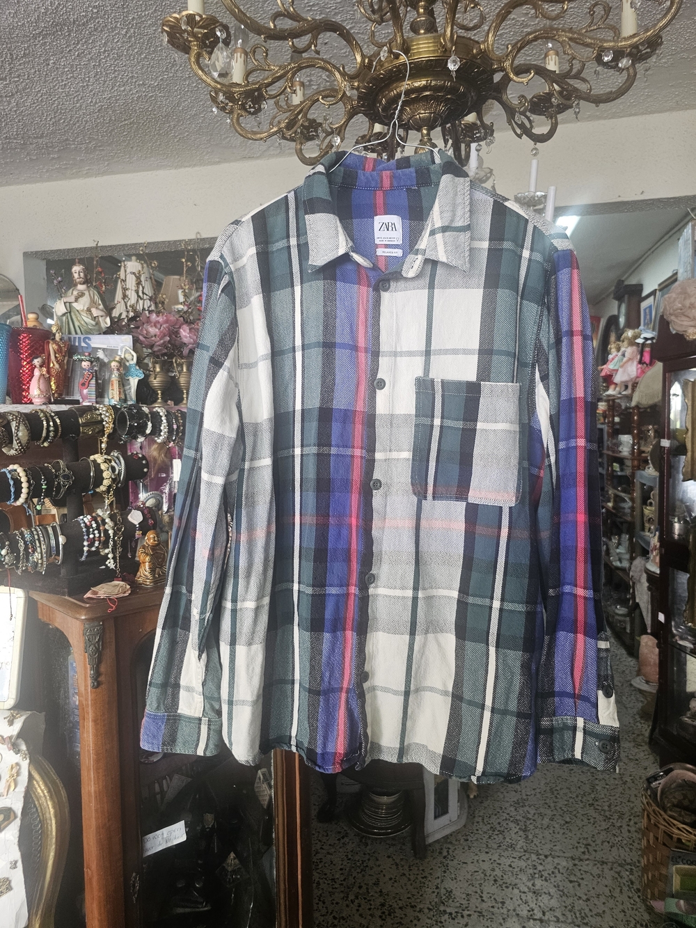 Zara Plaid Button-Up Shirt in Green, Blue, White & Pink